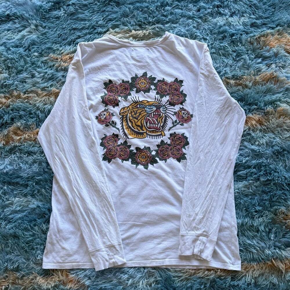Pacsun Embroidered Rose Flower and Tiger Head Long Sleeve T-Shirt White XL